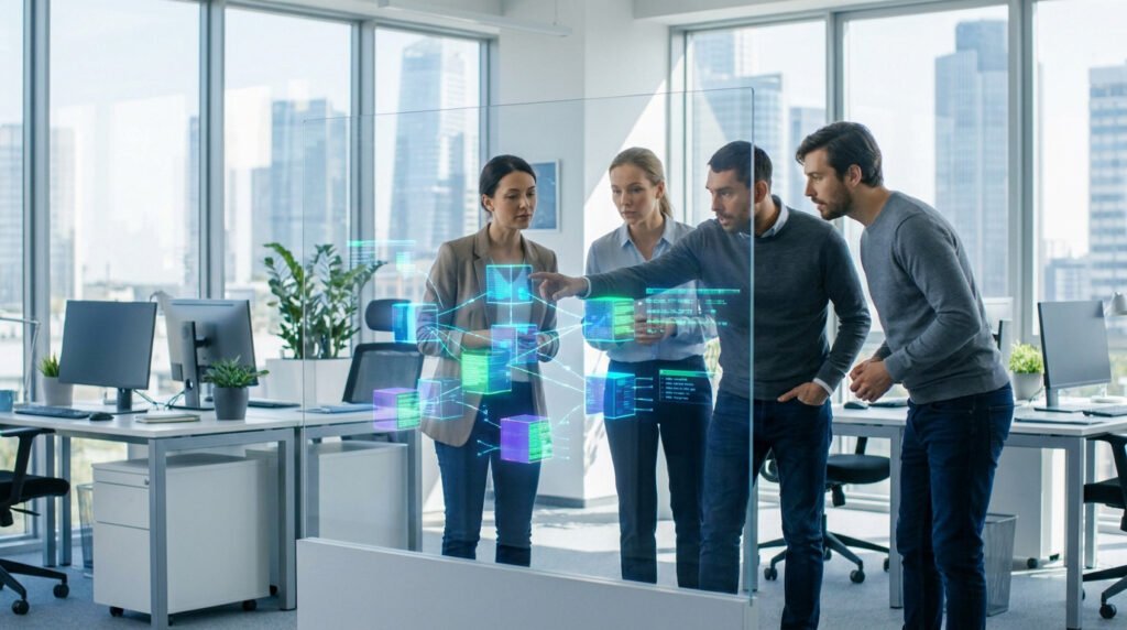Une équipe de développeurs analyse une architecture de microservices sur un écran transparent en verre dans un bureau moderne.