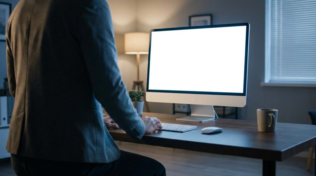 Un homme en costume assis face à un écran d'ordinateur vide et blanc dans un bureau sombre.