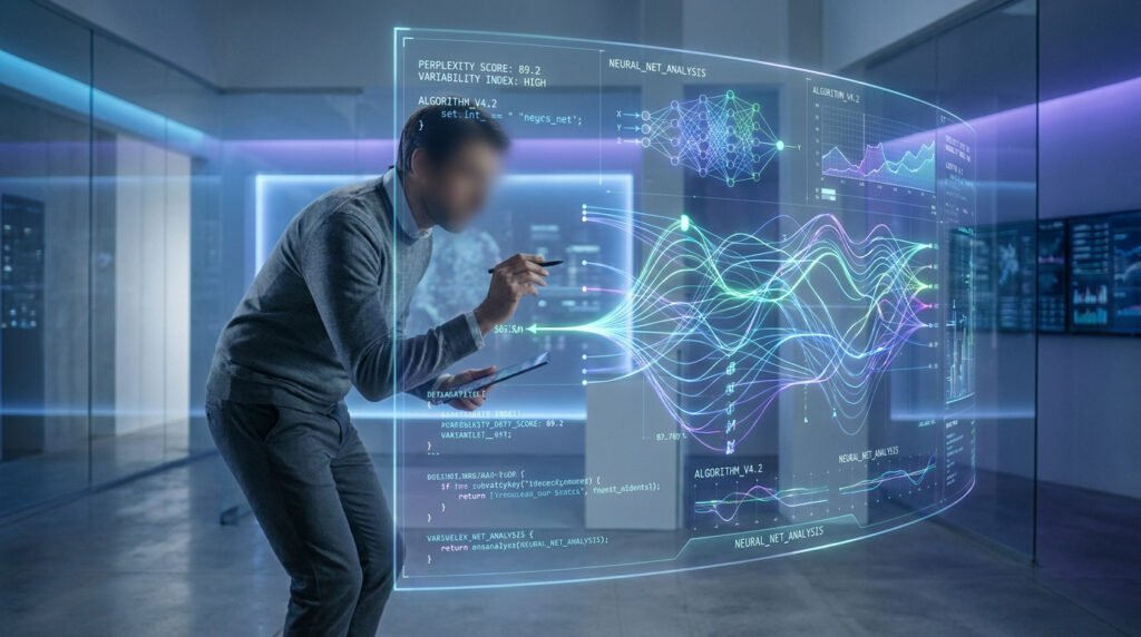 Homme travaillant sur une interface holographique futuriste affichant des réseaux neuronaux et des analyses de données.
