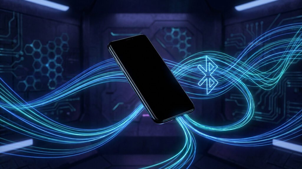 Smartphone flottant au milieu de flux de données numériques bleus et du symbole Bluetooth sur un fond technologique sombre.